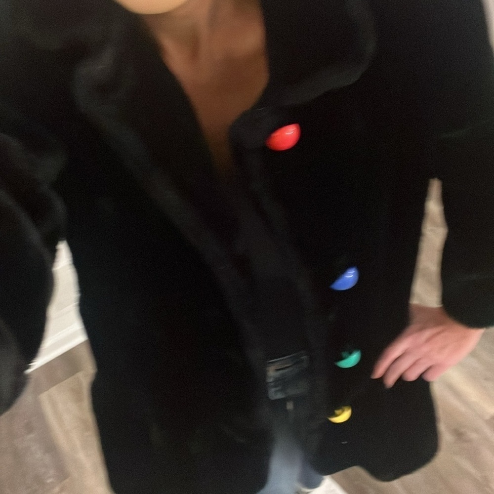 Vintage mid retro faux fur Black swing Coat with Colorful Buttons fit size small